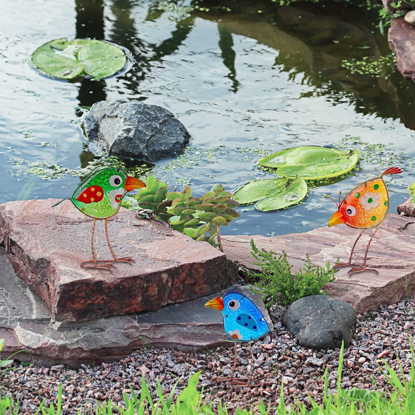 Housewarming Cute Metal Glass Whimsical Bird Statue Sculpture Art Decor Home Modern Yard Patio Lawn Ornament Outdoor Backyard Porch Decoy Pond