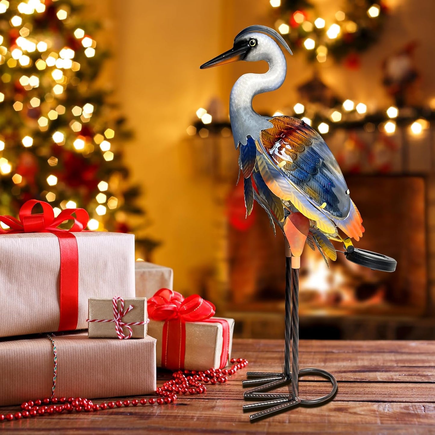 Solar Metal Heron Crane Statue Sculpture Bird Art Decor Home Modern Yard Patio