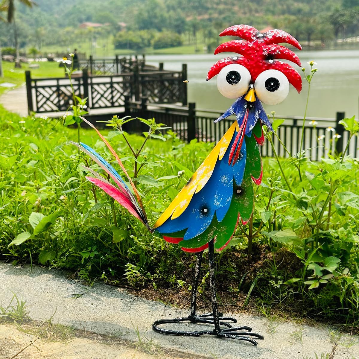Cute Funny Metal Rooster Whimsical Bird Statue Sculpture Art Decor Home Modern Yard Patio Lawn Ornament Outdoor Backyard Porch Decoy Pond
