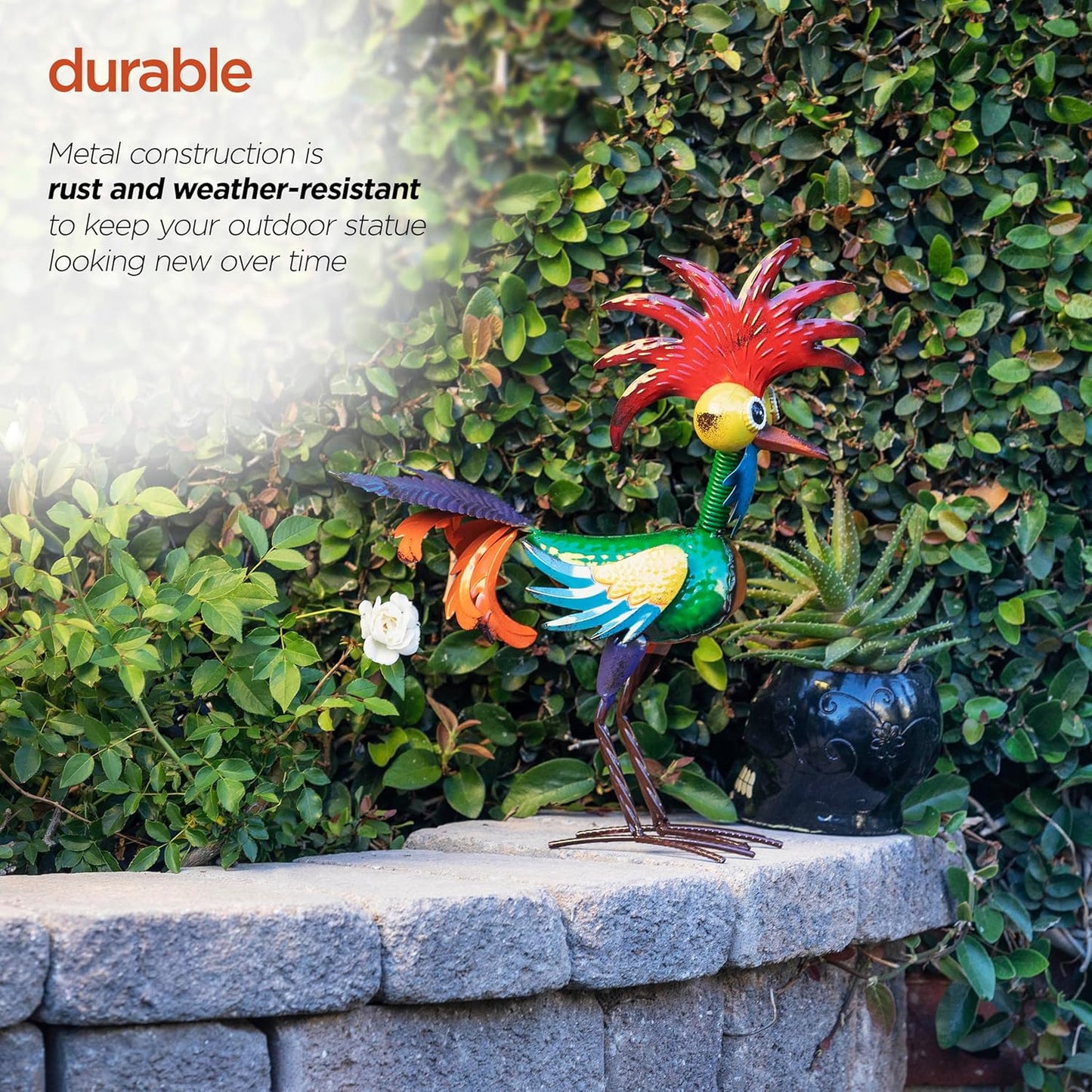 Housewarming Cute Metal Whimsical Rooster Bird Statue Sculpture Art Decor Home Modern Yard Patio Lawn Ornament Outdoor Backyard Porch Decoy Pond