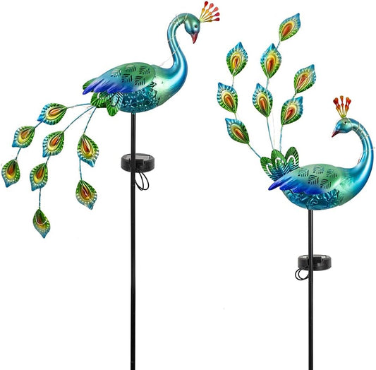 Solar Lighted Lamp String LED Metal Peacock Statue Pathway Sculpture Bird Art Decor Home Yard Patio Lawn Ornament Outdoor Backyard Porch Decoy Pond