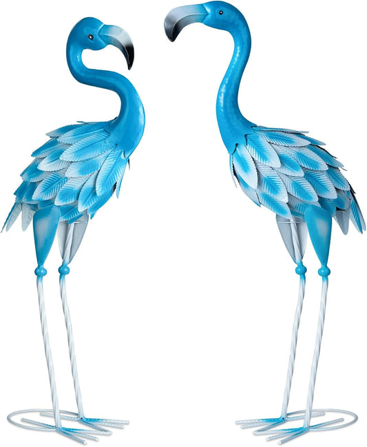 Metal Blue Flamingo Statue Sculpture Bird Art Decor Home Modern Yard Patio Lawn Vintage Ornament Outdoor Backyard Porch Decoy Pond