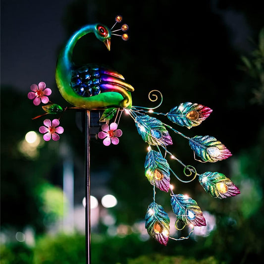 Solar Lighted Lamp String LED Metal Peacock Statue Pathway Sculpture Bird Art Decor Home Yard Patio Lawn Ornament Outdoor Backyard Porch Decoy Pond