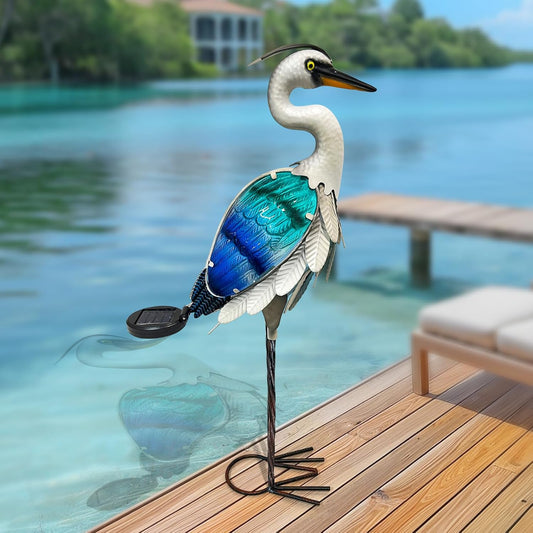 Solar Metal Heron Crane Statue Sculpture Bird Art Decor Home Modern Yard Patio