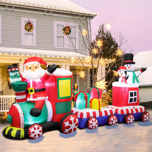 8 FT Christmas Inflatable Train Santa Claus Snowman Penguin Gift Boxes Blow Up Yard Decor Lights Xmas Train Holiday Display Lawn Garden Party Decor