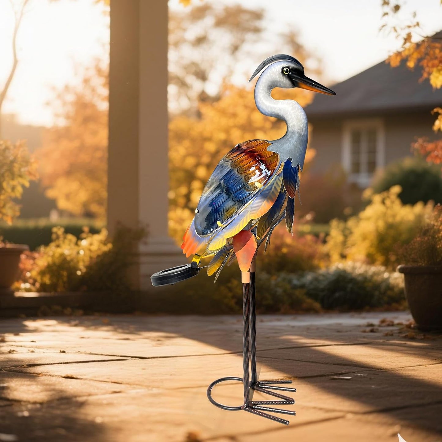 Solar Metal Heron Crane Statue Sculpture Bird Art Decor Home Modern Yard Patio