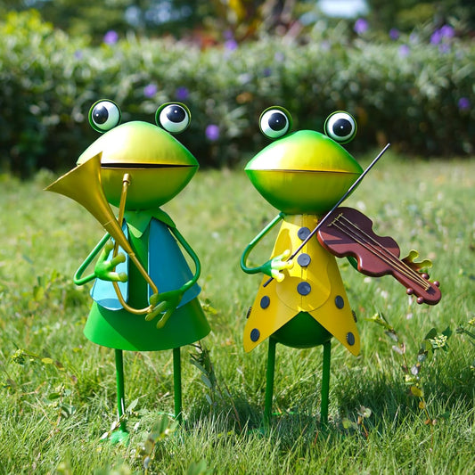 Metal 3D Frog Funny Violin Figurine Statue Sculpture Art Decor Home Pathway Modern Yard Patio Lawn Vintage Ornament Outdoor Backyard Porch Decoy Pond