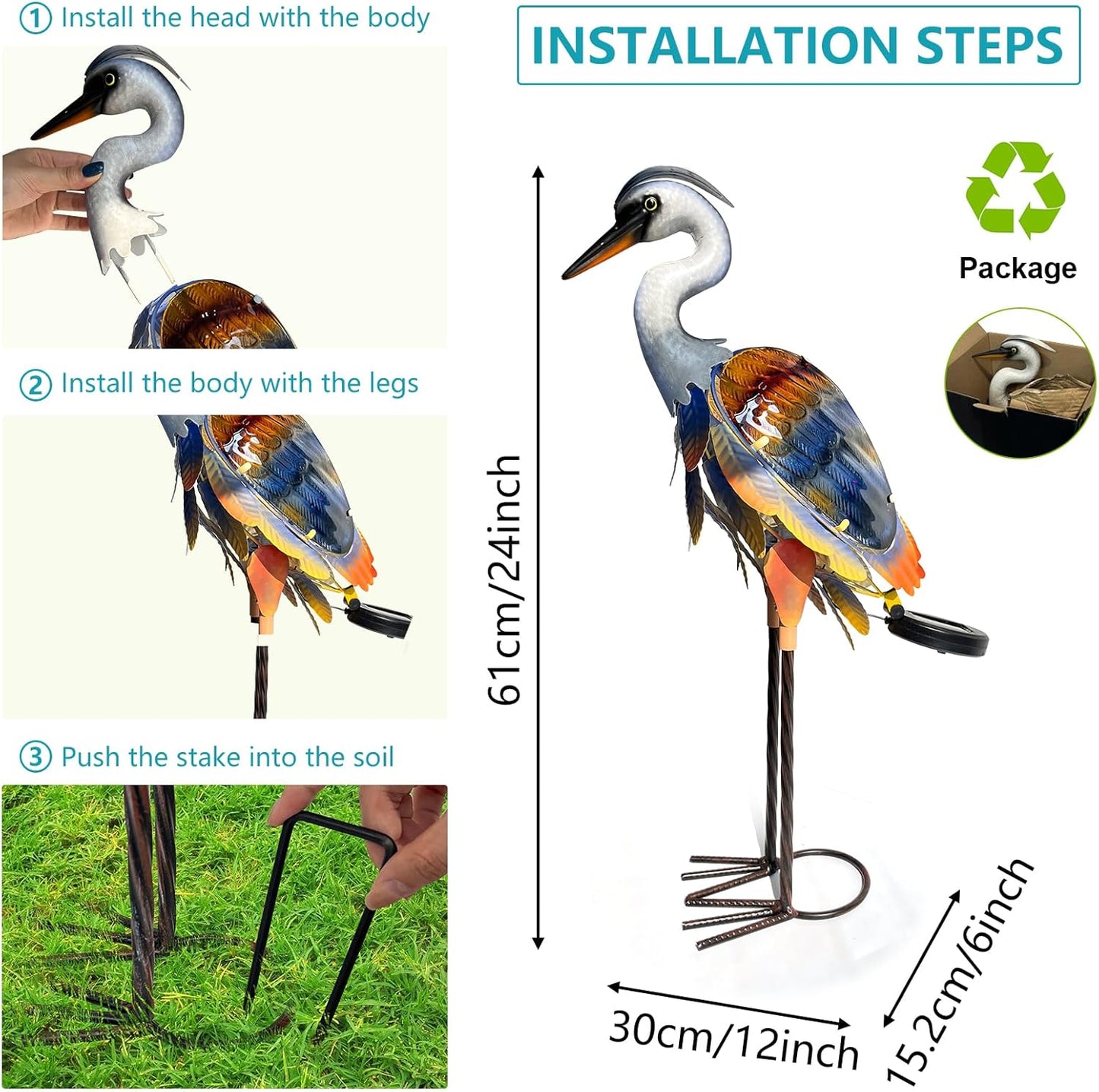 Solar Metal Heron Crane Statue Sculpture Bird Art Decor Home Modern Yard Patio