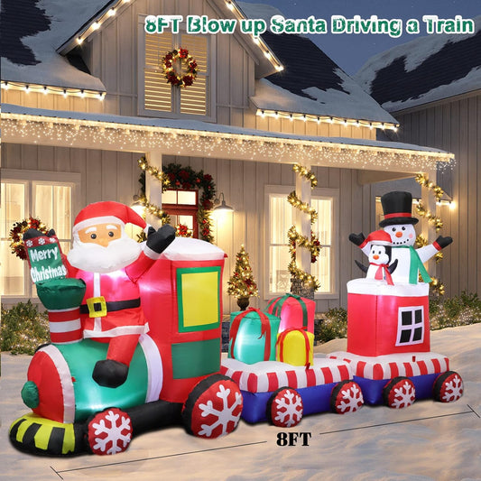 8 FT Christmas Inflatable Train Santa Claus Snowman Penguin Gift Boxes Blow Up Yard Decor Lights Xmas Train Holiday Display Lawn Garden Party Decor