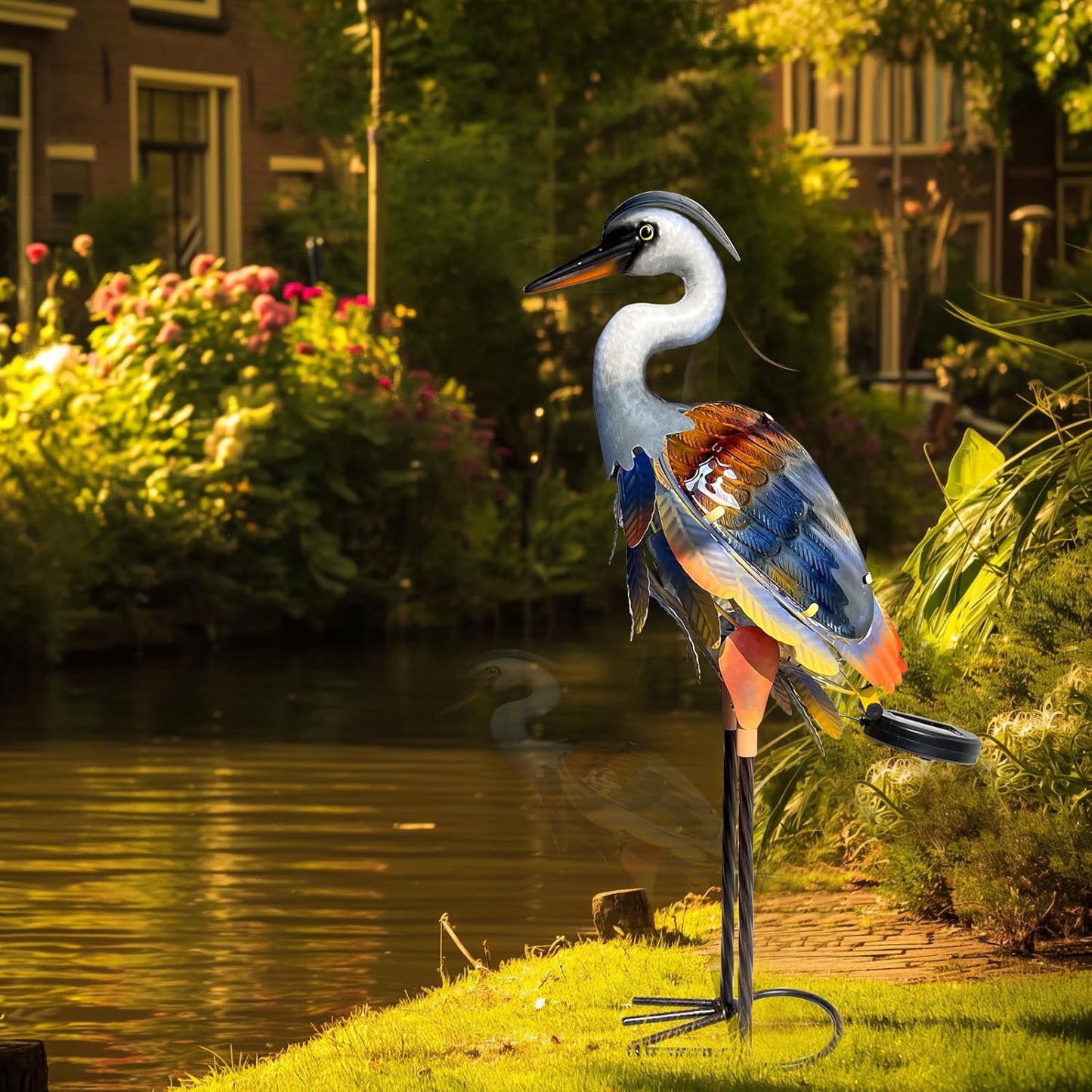 Solar Metal Heron Crane Statue Sculpture Bird Art Decor Home Modern Yard Patio