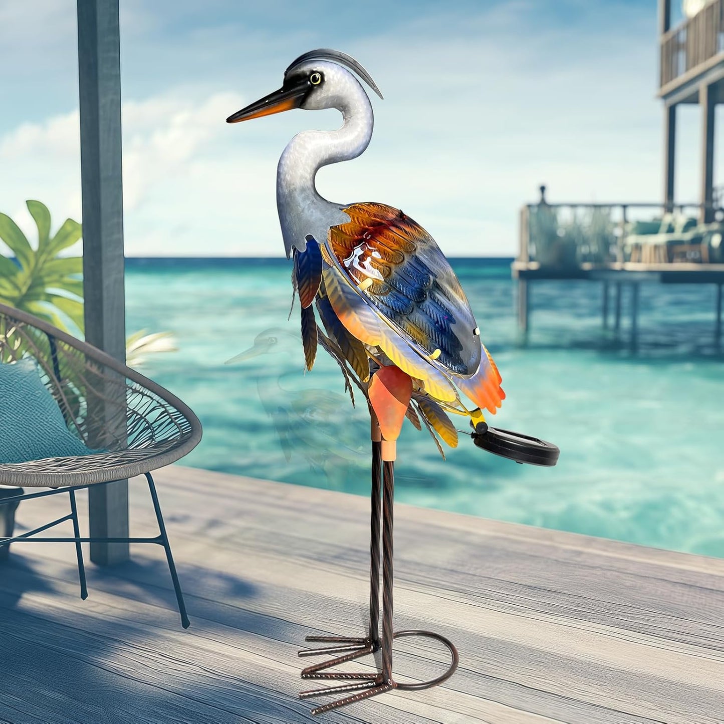 Solar Metal Heron Crane Statue Sculpture Bird Art Decor Home Modern Yard Patio